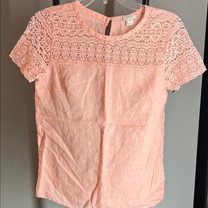 J. Crew Peach Crochet Yoke Linen-Blend Top